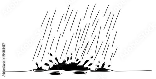 Heavy rain falling into water puddle with splash. Weather forecast and autumn rainy season concept in continuous line art style. Droplets and ripples on surface.