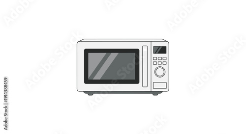 Front view of a white household microwave oven with a grey screen and control panel on a plain white background.