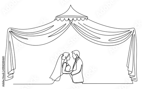 Bride and groom at wedding altar ceremony one line drawing. Romantic couple under canopy with curtains. Marriage celebration and wedding planner concept in continuous line art.