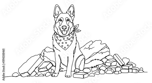 Rescue dog sitting in ruins and rubble one line drawing. Search and rescue animal during disaster relief and emergency mission concept in continuous line art.