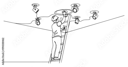 Electrician on ladder installing ceiling lights one line drawing. Professional lighting technician and home renovation service concept in continuous line art.