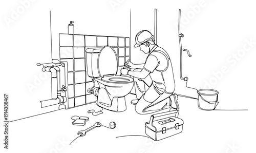 Plumber repairing toilet in bathroom one line drawing. Professional plumbing service, leak fix and home maintenance concept in continuous line art.