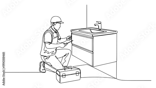 Bathroom sink cabinet installation one line drawing. Professional plumber or handyman fitting vanity unit in restroom. Home renovation and furniture assembly concept.