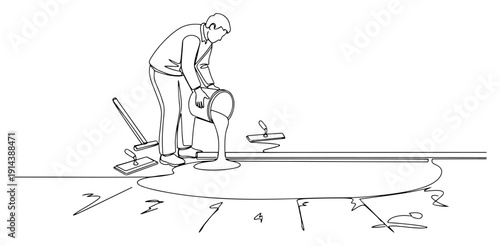 Self-leveling floor screed pouring one line drawing. Construction worker applying liquid floor compound in room. Flooring renovation and building maintenance concept.