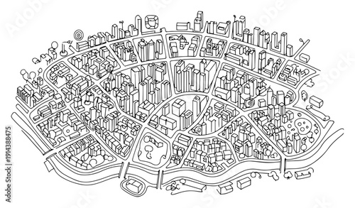 Aerial city map view one line drawing. Urban planning and metropolitan architecture concept in continuous line art style. Smart city layout with buildings and streets.