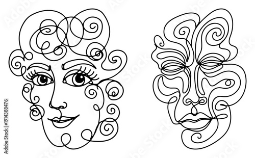 Abstract woman face portraits with curly hair one line drawing. Feminine beauty and psychology concept with swirling lines in continuous line art style.
