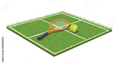 Isometric view of a green grass tennis court featuring an orange racket and a yellow-green tennis ball on the playing surface.