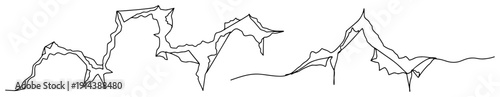 Abstract jagged mountain peaks one line drawing. Minimalist rocky ridge or cracked surface outline in continuous line art style. Nature and geology concept.