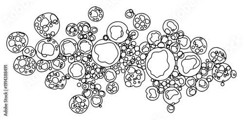 Organic cell structures or bubbles one line drawing. Abstract microbiology, bacteria or petri dish culture in continuous line art style. Science and medical research concept.
