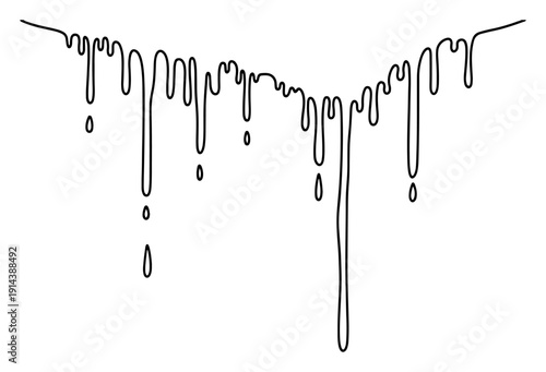Dripping liquid or melting paint one line drawing. Abstract syrup or ink drips from top edge in continuous line art style. Creative liquid flow design element.
