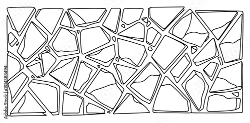 Geometric stone wall pattern one line drawing. Abstract cracked earth or mosaic pavement texture in continuous line art style. Decorative background element.