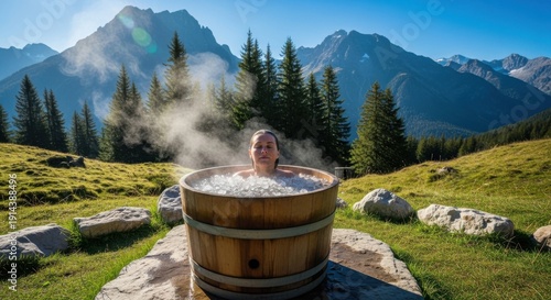 Woman enjoying cold plunge ice bath in alpine mountain landscape