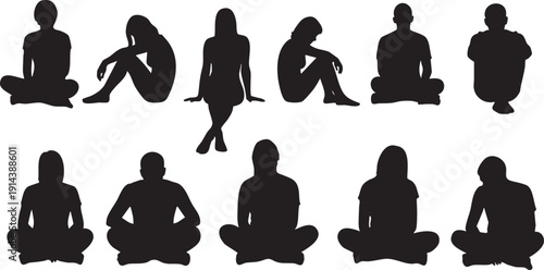 Black silhouettes of people sitting in various positions white background 1