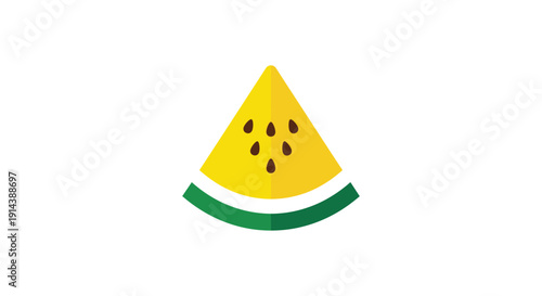 A minimalist depiction of a yellow watermelon slice featuring a smooth green rind and visible black seeds, isolated on white.