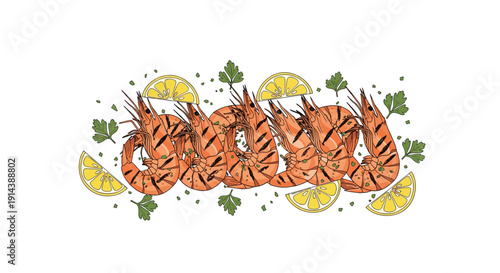 Grilled shrimp with lemon wedges and fresh parsley sprigs are arranged in a row on a clean white background.