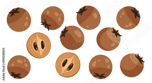 Multiple brown sapodilla fruits, some whole and some cut in half revealing seeds, scattered on a clean white background.