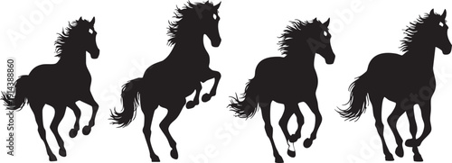 Four black horse silhouettes running on white background horses 2