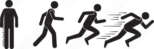 Four stick figures running in sequence motion black and white speed
