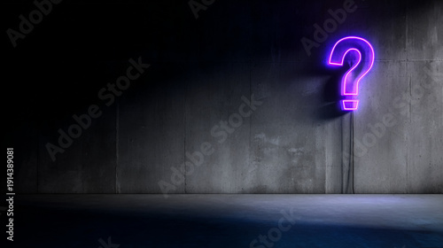 Naklejka Neon purple question mark illuminated on dark textured wall, symbolizing curiosity, inquiry, or problem solving.
