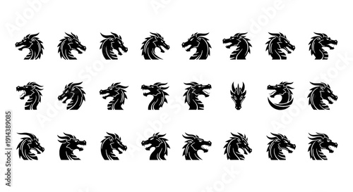 Dragon Head Mascot Logo Set - 24 Mythical Fire Beast Vector Icons for Gaming Esports