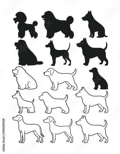 Vector illustration featuring various dog breeds in silhouette and outline style