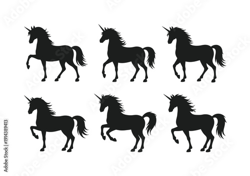 Six vector unicorn silhouettes standing in a grid pattern on white