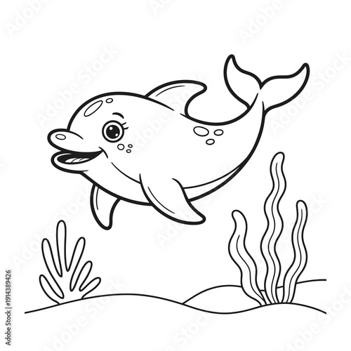 Playful vector dolphin leaps over seaweed in a calm underwater scene