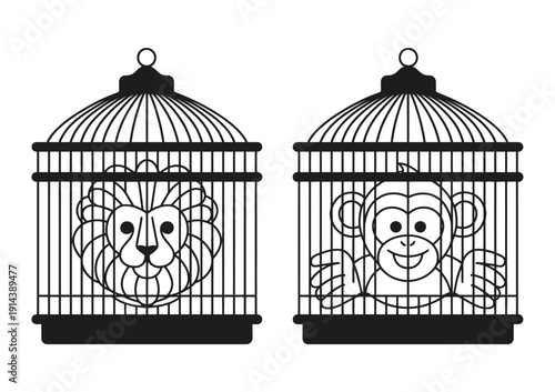 Two vector illustrations of animals trapped inside birdcages in a minimalist style