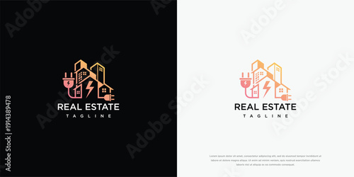 Real Estate Energy Power Logo Design. Modern Property Building Electricity Plug Icon.