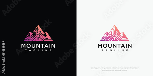 Digital Mountain Tech Logo Design - Modern Circuit Peak Network Gradient Icon.