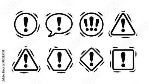 Collection of vector warning icons with exclamation marks in different shapes
