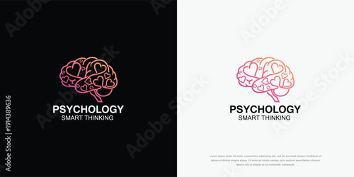 Psychology Smart Thinking Brain Logo with Hearts  Mental Health  Emotional Intelligence Concept.