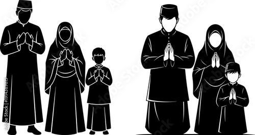 Muslim Family Praying Silhouette Set in Traditional Islamic Clothing Isolated on White Background for Ramadan Eid Religious Design