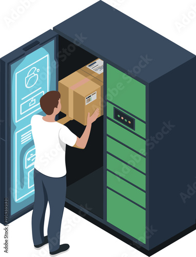 Man placing package into smart parcel locker automated delivery system secure storage for e-commerce logistics and online shopping convenience modern technology concept for distribution networks and r