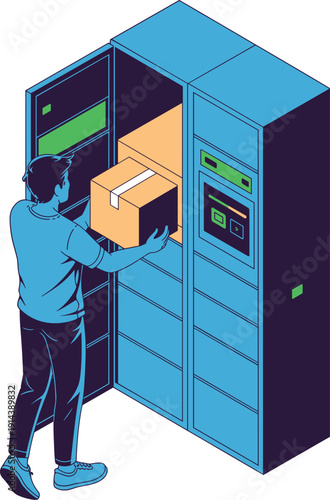 Parcel delivery man placing package into automated smart locker system for convenient contactless shipping and receiving online shopping logistics modern urban solution