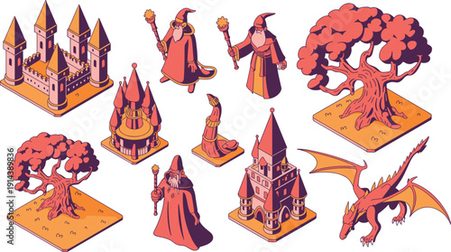 Fantasy isometric elements set featuring wizards castles dragon magical trees and enchanted forest scenery for game development and illustration projects vibrant cartoon style collection for storybook