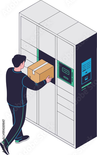 Man placing package into smart locker kiosk for automated parcel delivery and pickup modern logistics concept for e-commerce and retail services illustration of convenient shipping and receiving