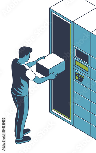 Man placing package into modern automated parcel locker express delivery service concept isometric illustration for logistics and e-commerce solutions online shopping pickup point convenience technolo