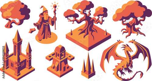 Fantasy isometric elements collection wizard dragon castle ancient tree magical landscape icons for game development mobile apps and illustration projects unique cartoon style digital art concept