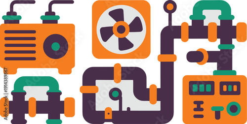 Industrial HVAC system schematic illustration with pipes ventilation fan pump and control panel vector design for mechanical engineering and building services concepts modern flat graphic representati