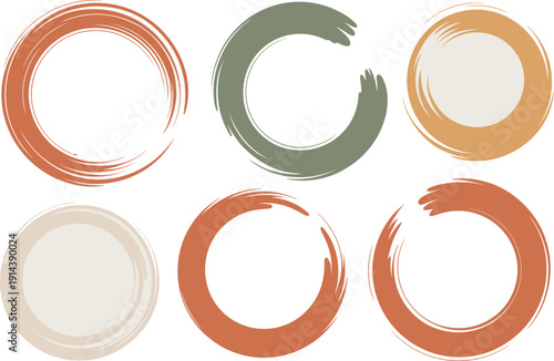Abstract brush stroke circles zen enso symbols in muted earthy tones minimalist design for spiritual meditation yoga wellness branding graphic resources background texture pattern