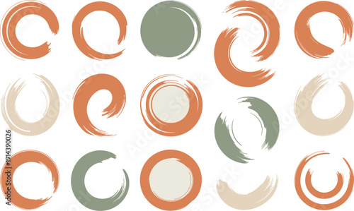 Abstract brush stroke circles set in warm earth tones and sage green for modern graphic design elements and artistic backgrounds vector illustration concept