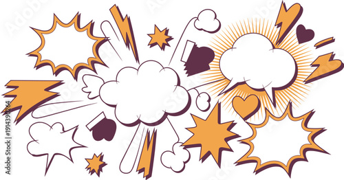 Comic book speech bubbles and explosion bursts retro graphic elements for dialogue communication and sound effects design with blank space for text messages and announcements in pop art style