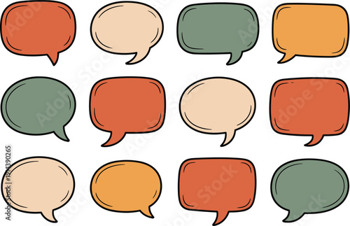Set of 12 retro speech bubbles in muted earthy tones and warm colors for comic dialogue and creative communication design elements for branding marketing presentations and social media content