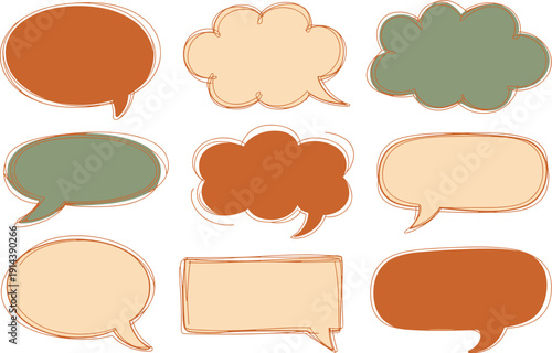 Hand drawn speech bubble collection in warm earthy tones and muted green for communication dialogue conversation chat message thought idea expression concept design elements for graphic resources pres