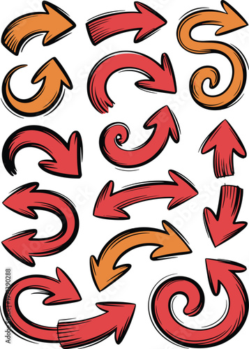 Collection of hand drawn arrows pointers and direction symbols in red and orange colors isolated on white background graphic elements for design and navigation concepts with creative flair and dynamic