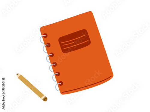 Spiral notebook or notepad with orange cover and pencil. Illustration for back to school shopping, personal organization