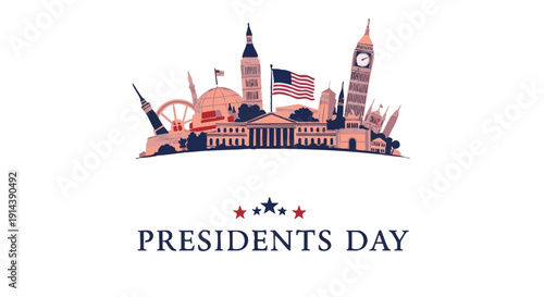 Presidents Day with city skylines and American flag buildings landmarks