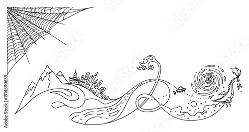 Surreal abstract landscape with dragon and UFO one line drawing. Creative composition with mountains, city skyline, spiderweb and vortex in continuous line art style. Fantasy concept.
