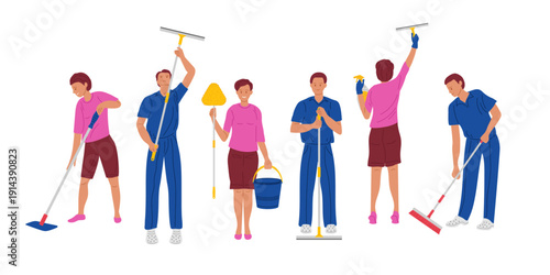 Professional cleaning team. Men and women in various poses and with various cleaning tools. Professional cleaning business.